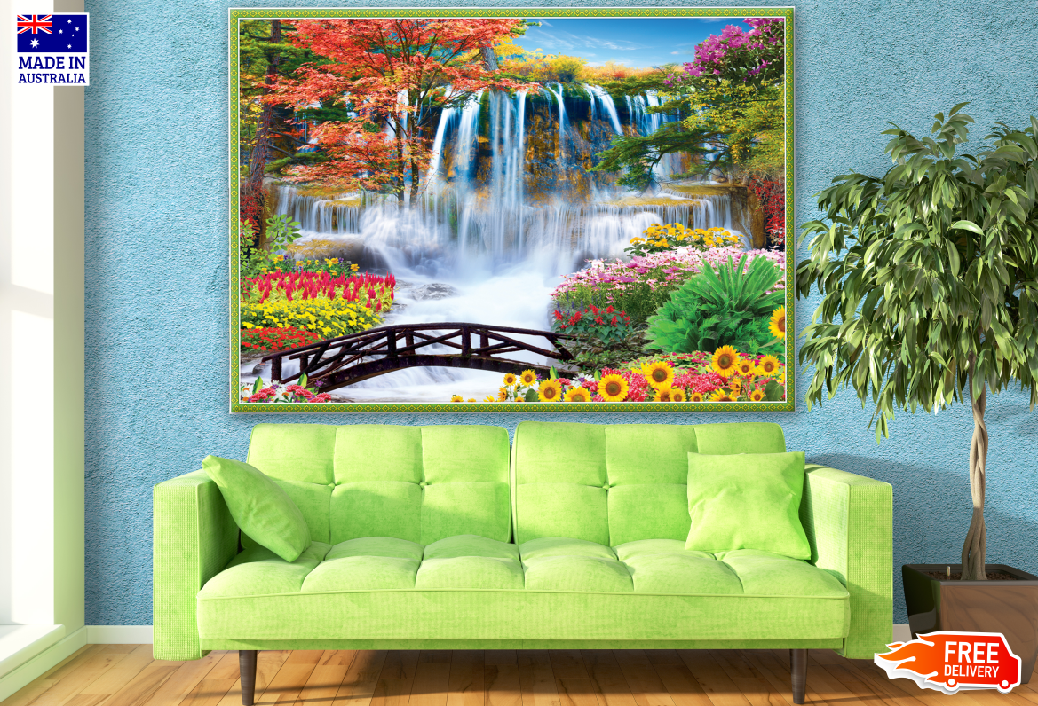 Stunning Waterfall in Colourful Forest with Wooden Bridge Painting Print 100% Australian Made