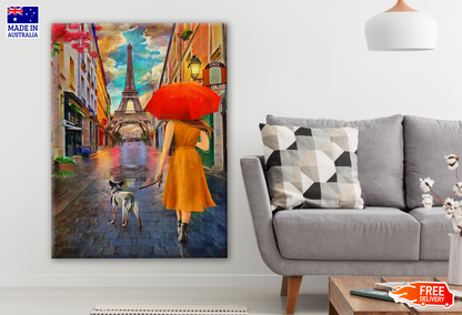 Woman Walking Along Street with a Dog Near Eiffel Tower Painting Print 100% Australian Made