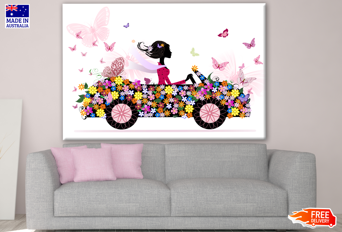 Woman Riding a Floral Car & Butterflies Art Print 100% Australian Made