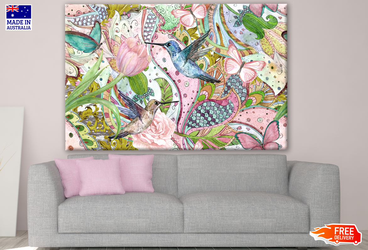 Humming Birds, Butterflies & Floral Art Print 100% Australian Made