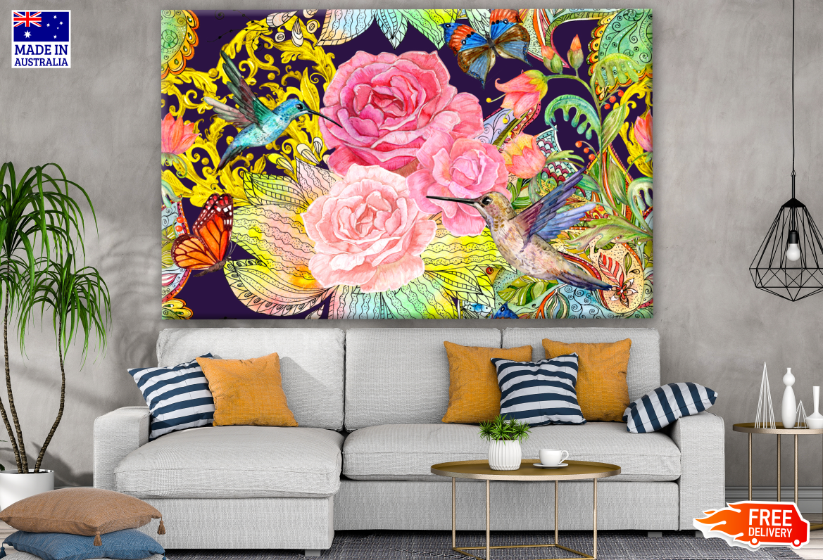 Humming Birds, Butterflies & Floral Art Print 100% Australian Made