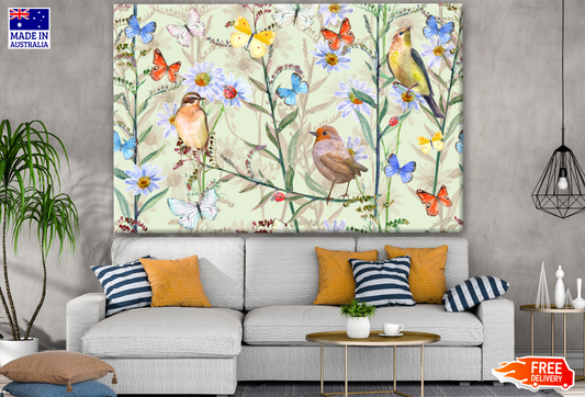 Birds Buterflies on Floral Plants Field Painting Print 100% Australian Made