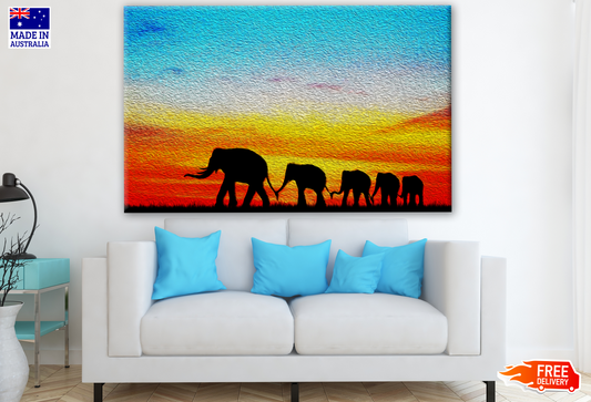 Elephants Walking in Sunset Print 100% Australian Made