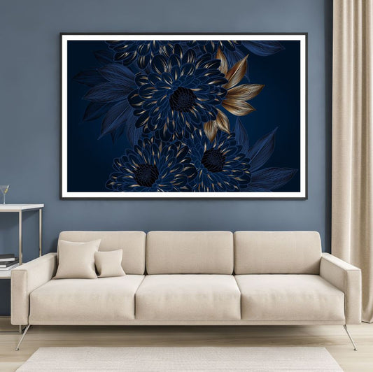 Blue & Gold Abstract Flowers Home Decor Premium Quality Poster Print Choose Your Sizes
