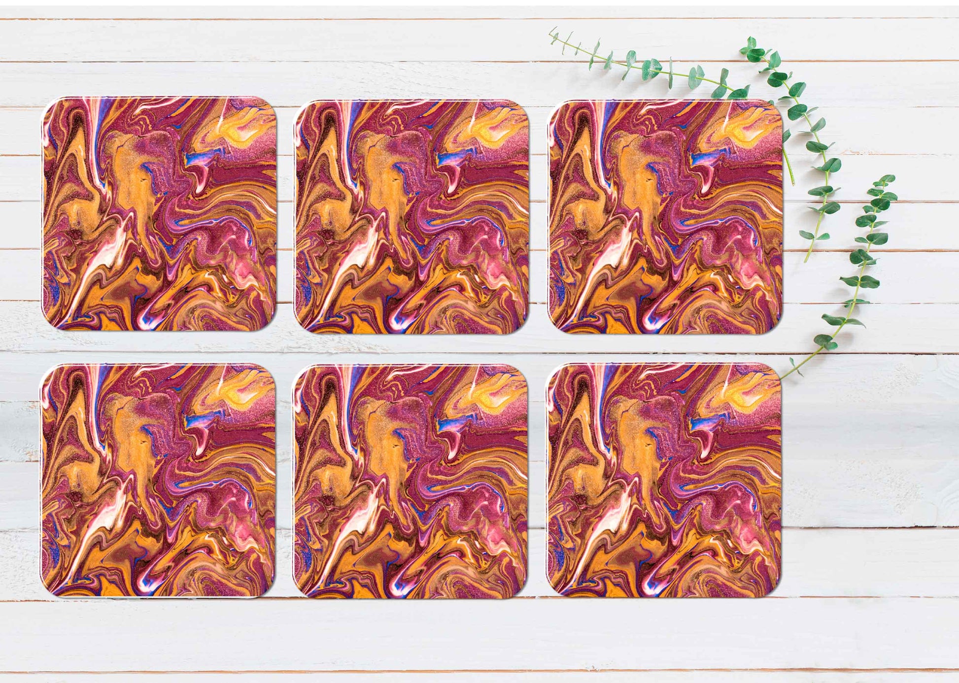 Pink Brush Strokes Abstract Design Coasters Wood & Rubber - Set of 6 Coasters