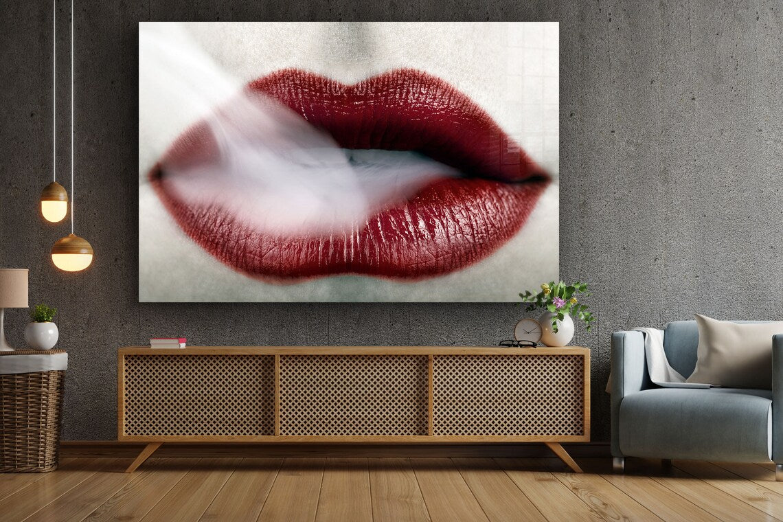 Smoke Red Lips Closuep Print Tempered Glass Wall Art 100% Made in Australia Ready to Hang