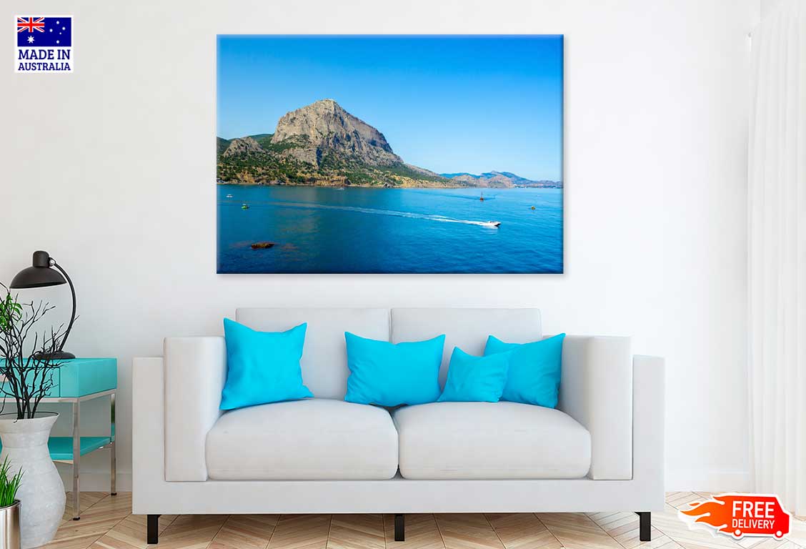 Mountain Sea Coast & Boats on Sea View Print 100% Australian Made