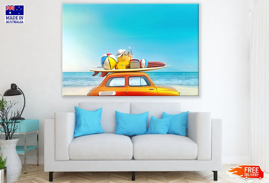 Small Retro Car with Baggage and Beach Digital Art Print 100% Australian Made