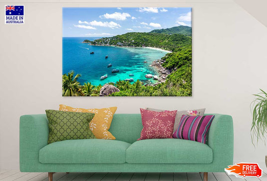 Boats on Island Sea & Forest View Photograph Print 100% Australian Made