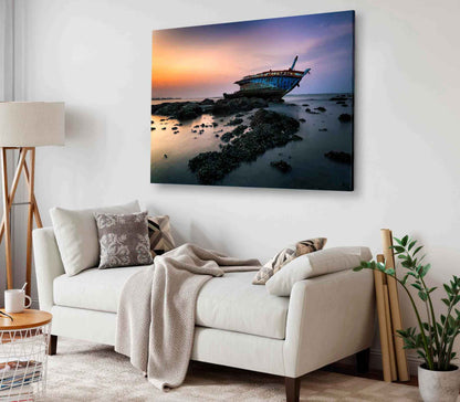 Bella Home Wrecked Boat On The Beach Print Canvas Ready to hang
