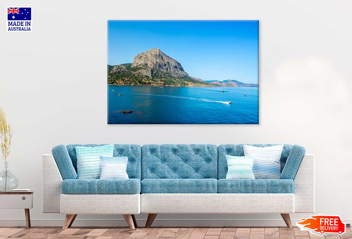 Mountain Sea Coast & Boats on Sea View Print 100% Australian Made