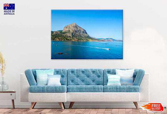 Mountain Sea Coast & Boats on Sea View Print 100% Australian Made