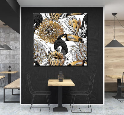 Square Canvas Toucan Bird with Gold & Silver Design High Quality Print 100% Australian Made