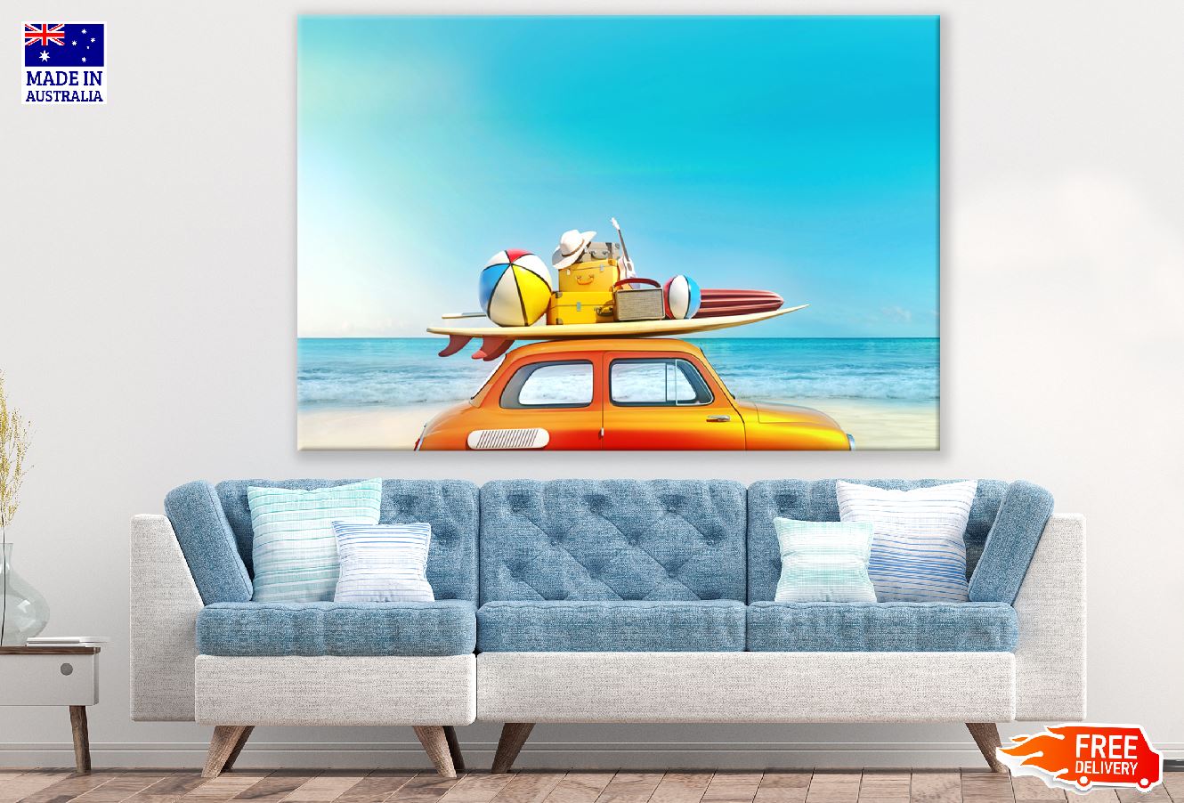 Small Retro Car with Baggage and Beach Digital Art Print 100% Australian Made