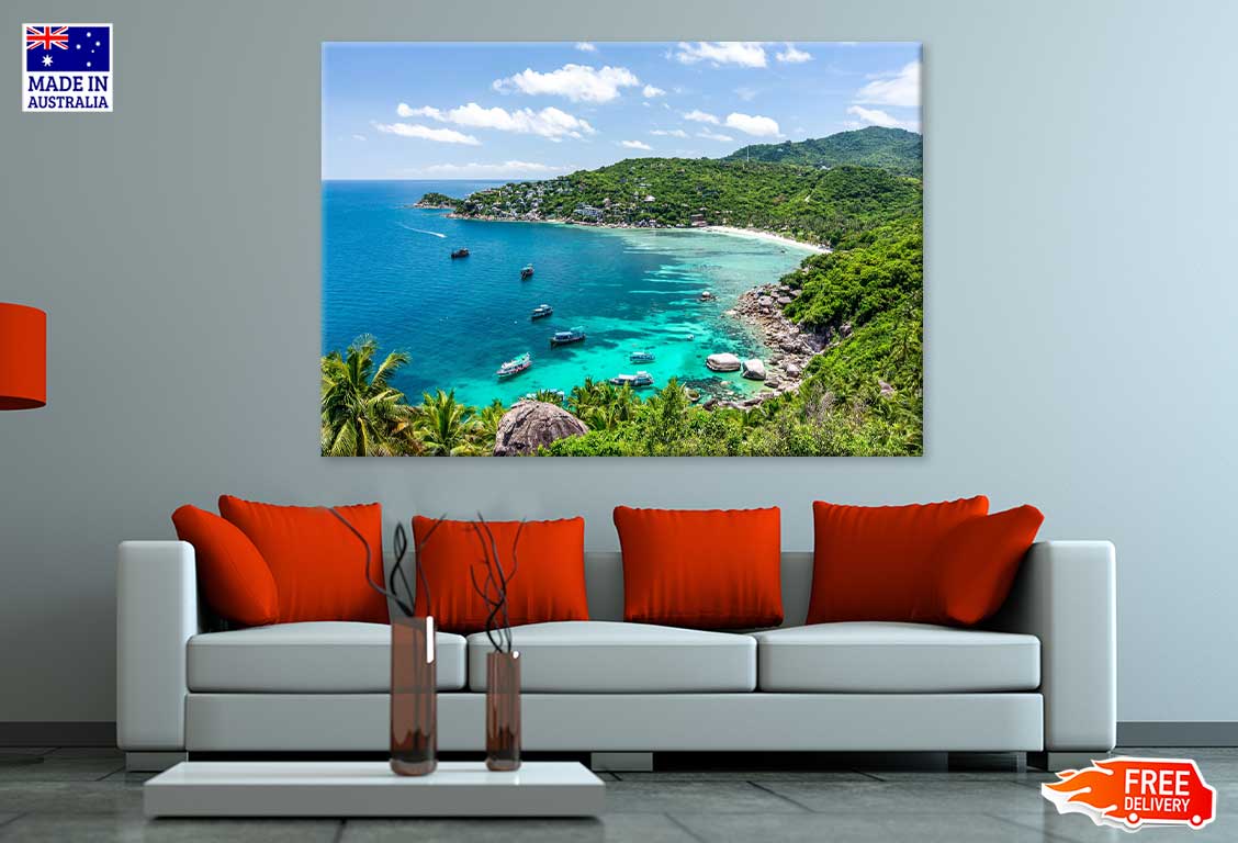 Boats on Island Sea & Forest View Photograph Print 100% Australian Made