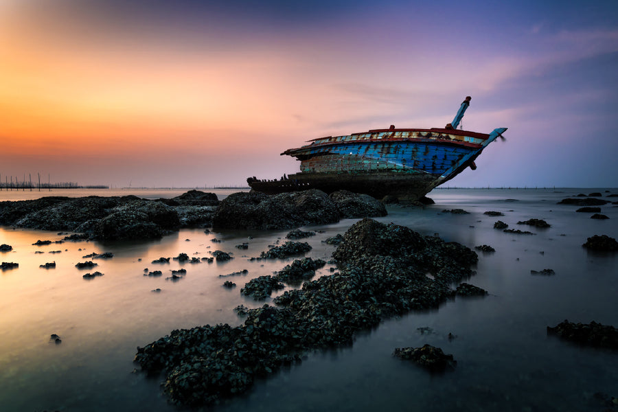 Bella Home Wrecked Boat On The Beach Print Canvas Ready to hang