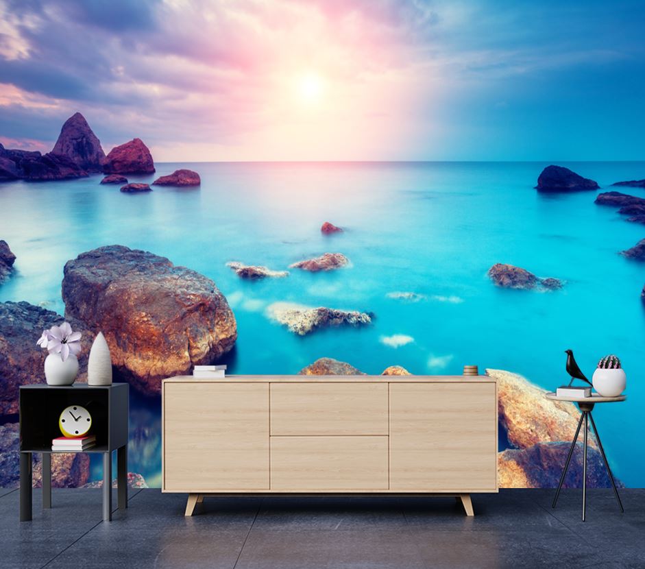 Wallpaper Murals Peel and Stick Removable Stunning Beach with Rocks at Sunrise High Quality