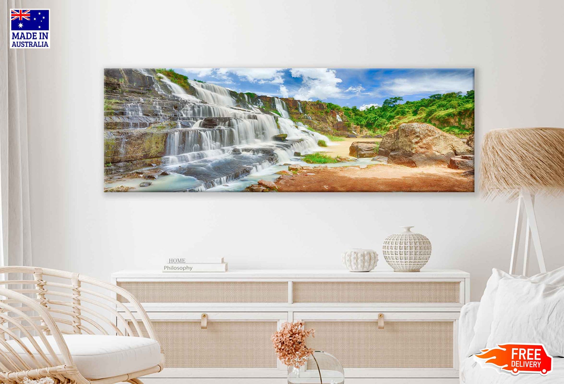 Panoramic Canvas Pongour Waterfall With Trees High Quality 100% Australian Made Wall Canvas Print Ready to Hang