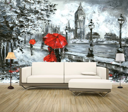 Wallpaper Murals Peel and Stick Removable B&W City with Couple Under Red Umbrellas Painting High Quality