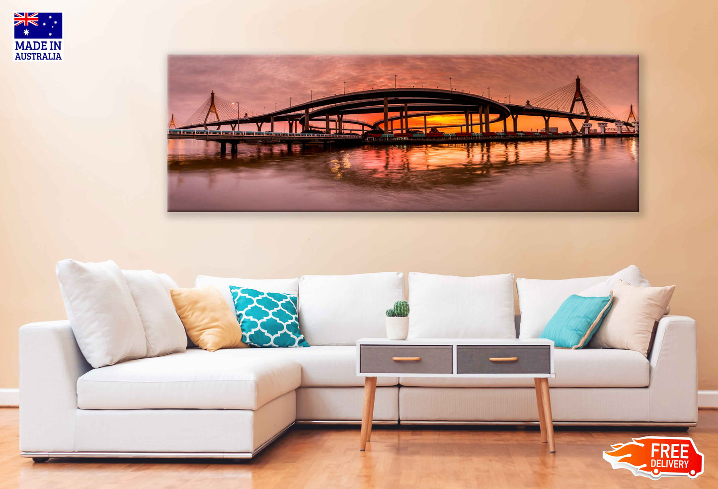 Panoramic Canvas Bhumibol Bridge Sunset View Photograph High Quality 100% Australian Made Wall Canvas Print Ready to Hang