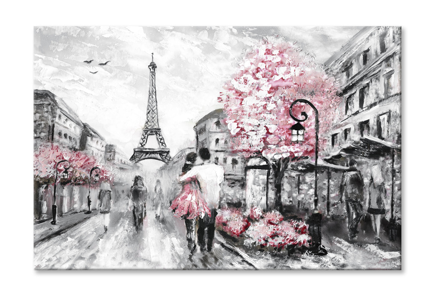 Romantic Paris Street Eiffel Tower & Flower Trees Wall Art Limited Edition High Quality Print Stretched Canvas None