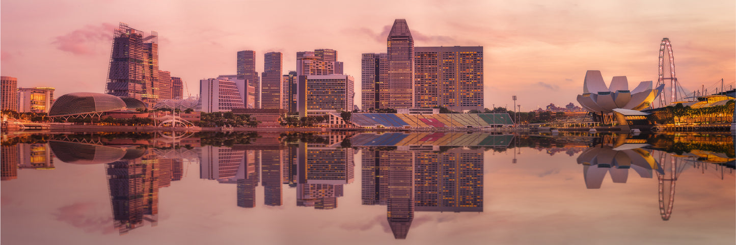 Panoramic Canvas Singapore Skyline Pink Sunset View High Quality 100% Australian Made Wall Canvas Print Ready to Hang