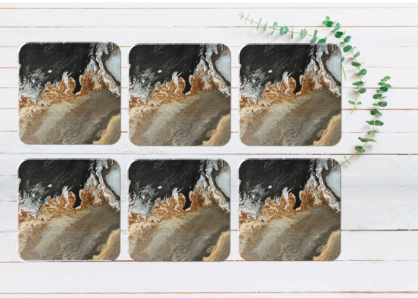 Brown Gold Black Abstract Design Coasters Wood & Rubber - Set of 6 Coasters