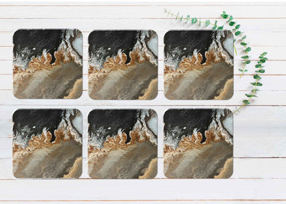 Brown Gold Black Abstract Design Coasters Wood & Rubber - Set of 6 Coasters
