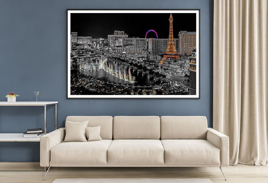 Downtown Las Vegas Night B&W View Photograph Home Decor Premium Quality Poster Print Choose Your Sizes