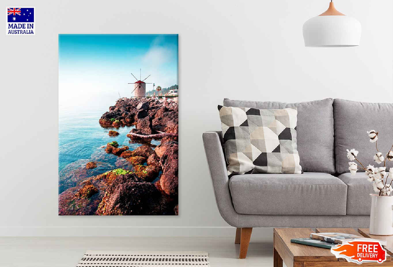 Rocks & Windmill near Sea View Kerkira Print 100% Australian Made