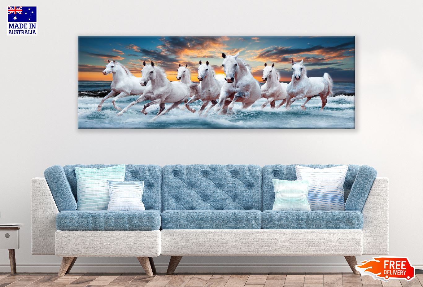 Panoramic Canvas Horses Running on Sea Sunrise Scenery View High Quality 100% Australian Made Wall Canvas Print Ready to Hang