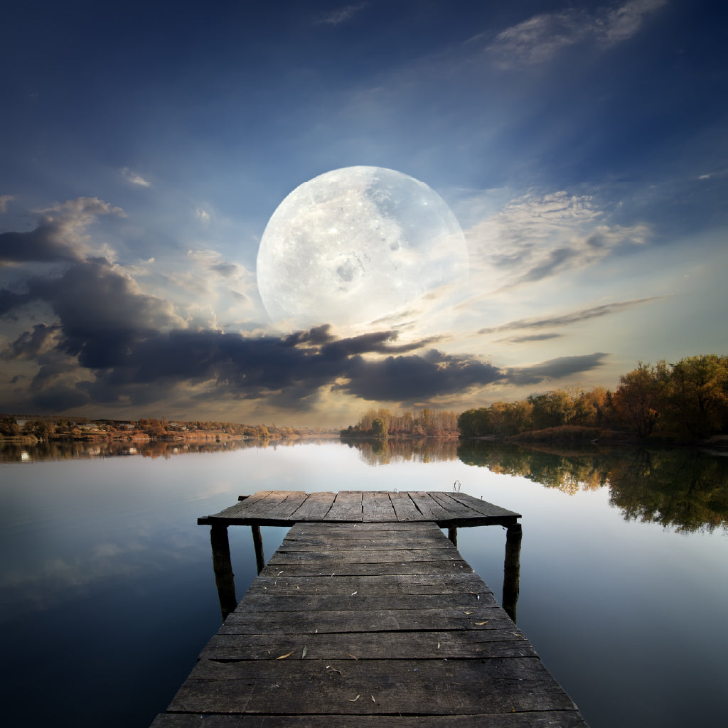 Square Canvas Fishing Pier River Full Moon View Photograph High Quality Print 100% Australian Made