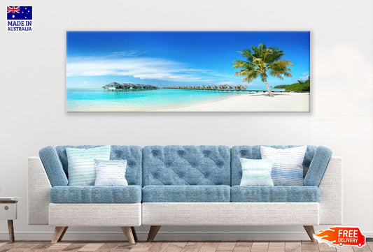 Panoramic Canvas Bungalows on Sandy Sea Photograph High Quality 100% Australian Made Wall Canvas Print Ready to Hang