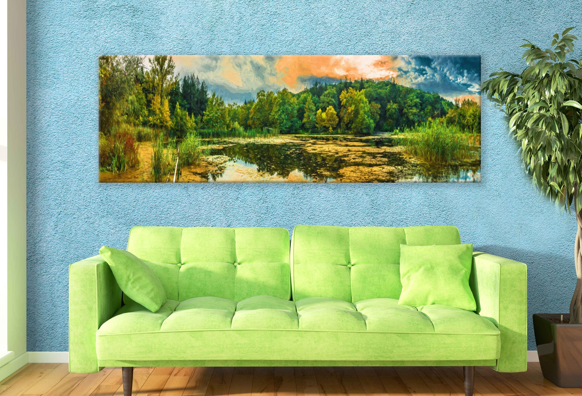 Panoramic Canvas Lake & Forest Oil Painting High Quality 100% Australian Made Wall Canvas Print Ready to Hang