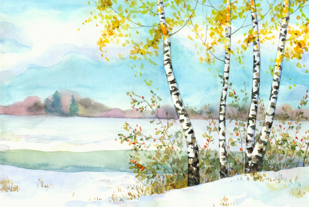 Wallpaper Murals Peel and Stick Removable Stunning Trees & Snowy Ground Watercolor Painting High Quality