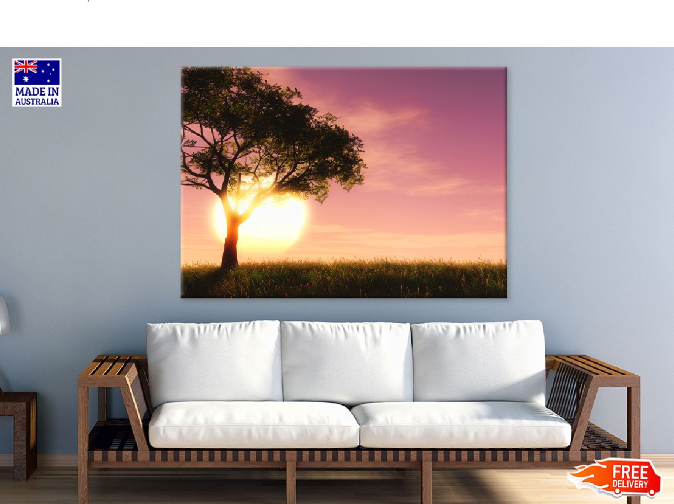 Alone Tree on Grass Sunset View Photograph Print 100% Australian Made