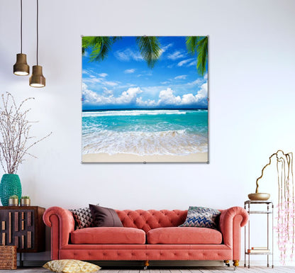 Square Canvas Sea Waves on Sand & Blue Sky View Photograph High Quality Print 100% Australian Made