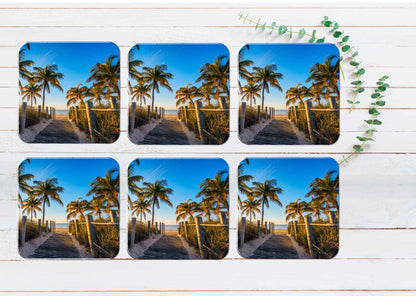 Wooden Path & Palms Beach Scenery Coasters Wood & Rubber - Set of 6 Coasters