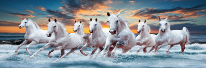 Panoramic Canvas Horses Running on Sea Sunrise Scenery View High Quality 100% Australian Made Wall Canvas Print Ready to Hang