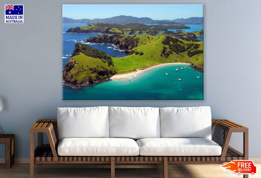Beach & Mountain with Boats Aerial View Photograph Print 100% Australian Made