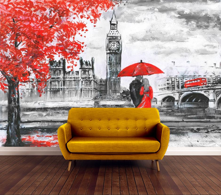 Wallpaper Murals Peel and Stick Removable Couple Under Red Umbrella B&W City View Painting High Quality