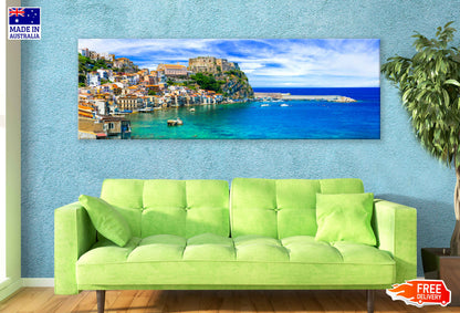 Panoramic Canvas Calabria Town & Sea View Photograph High Quality 100% Australian Made Wall Canvas Print Ready to Hang