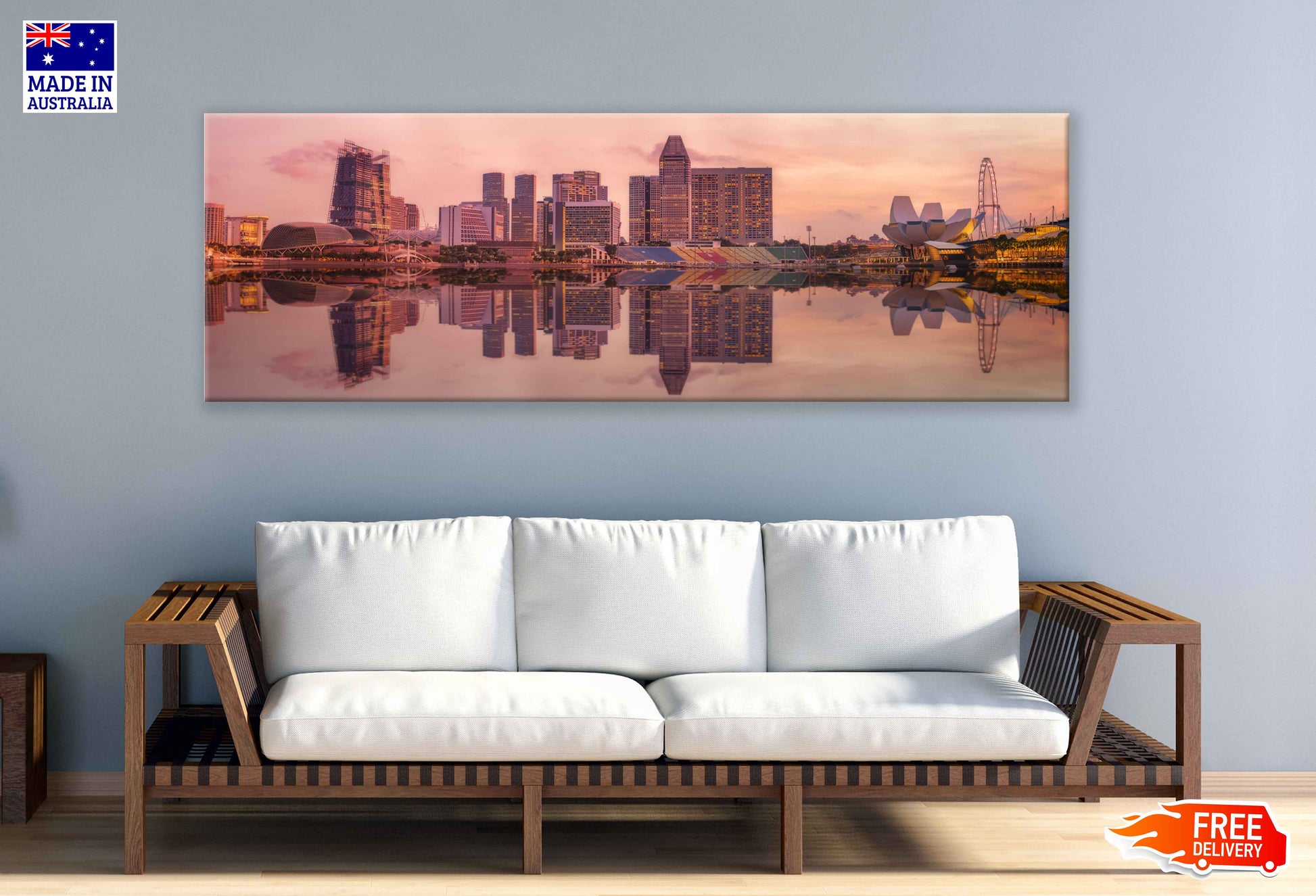 Panoramic Canvas Singapore Skyline Pink Sunset View High Quality 100% Australian Made Wall Canvas Print Ready to Hang