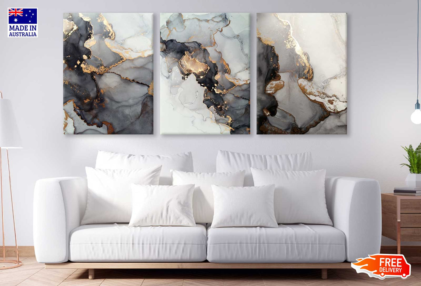 3 Set of Black & Gold Grey Abstract Design High Quality Print 100% Australian Made Wall Canvas Ready to Hang