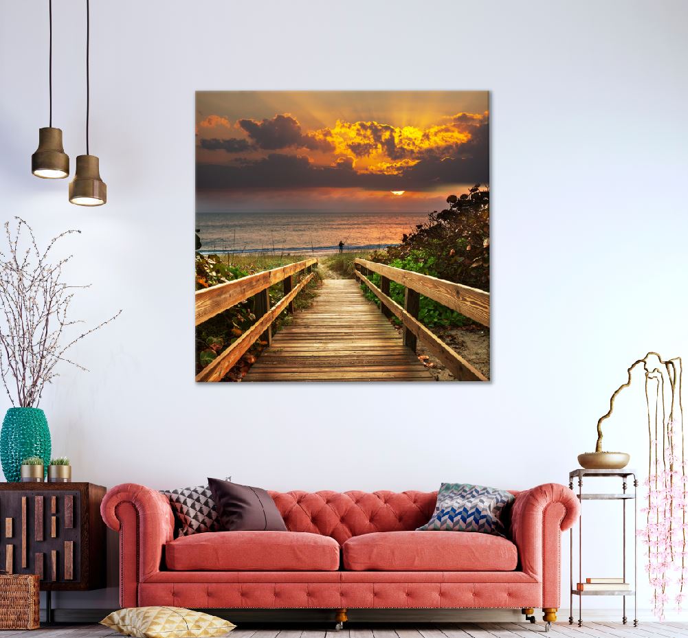 Square Canvas Boardwalk on Beach Sunrise Scenery View High Quality Print 100% Australian Made