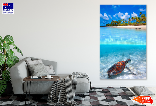 Turtle Under Sea & Boat On Sea Shore Palm Trees View Print 100% Australian Made