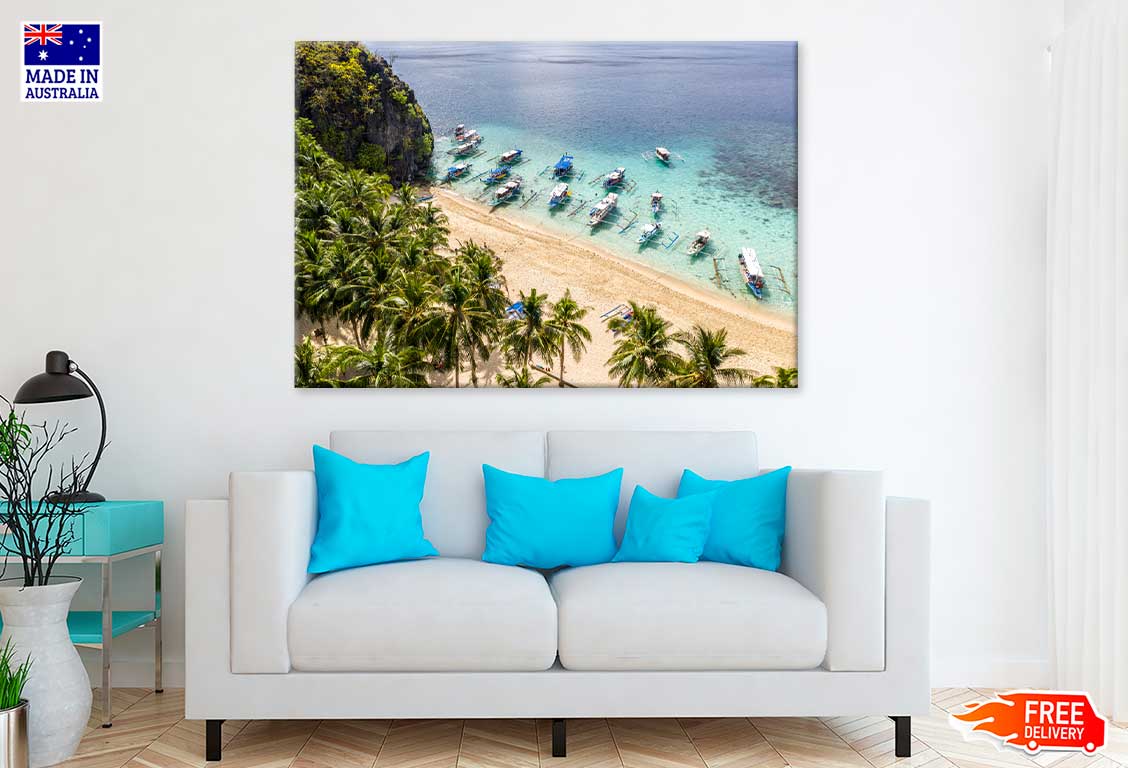 Sail Boats & Palms near Beach Aerial View Photograph Print 100% Australian Made