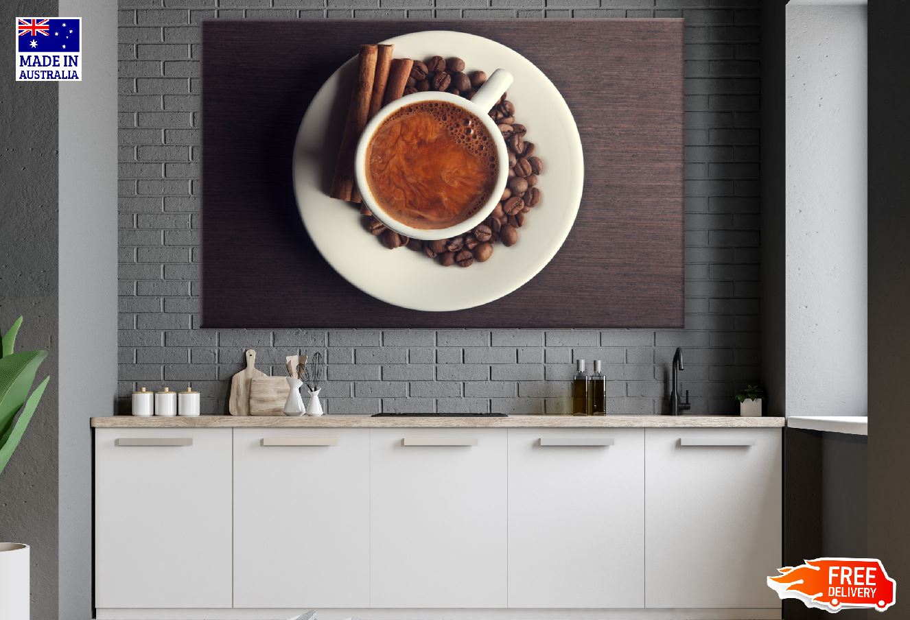 White Coffee Cup with Beans Top View Photograph Print 100% Australian Made