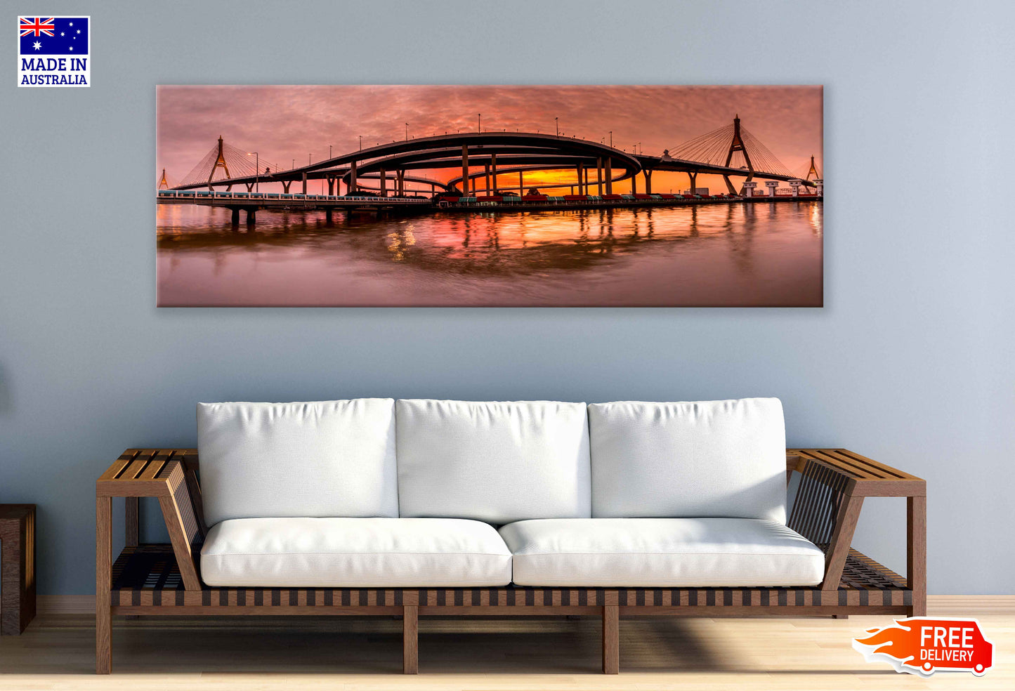 Panoramic Canvas Bhumibol Bridge Sunset View Photograph High Quality 100% Australian Made Wall Canvas Print Ready to Hang