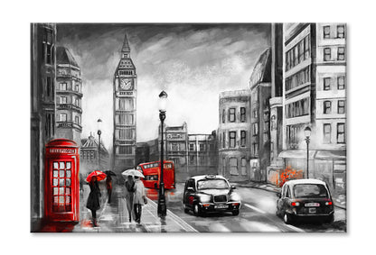 B&W Big Ben Street View with Red Bus & Booth Painting Wall Art Limited Edition High Quality Print Stretched Canvas None